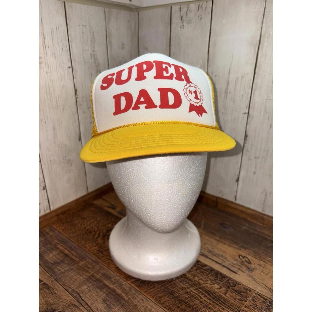 Vintage Super Dad #1 Foam Mesh Trucker Snapback Yellow White Hat Cap Mini Rope
